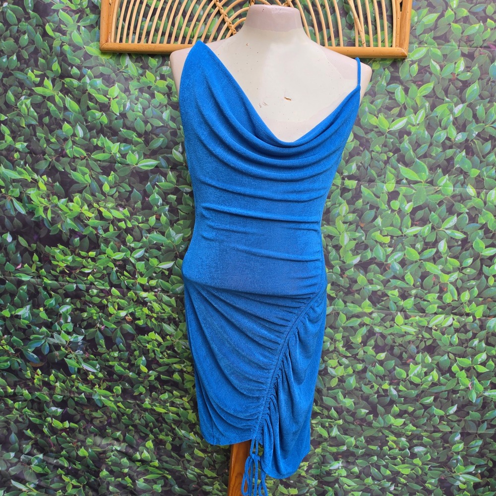 Miss Lola Blue Ruched Cowl Neck Metallic Bodycon Mini Dress Large ACD70352